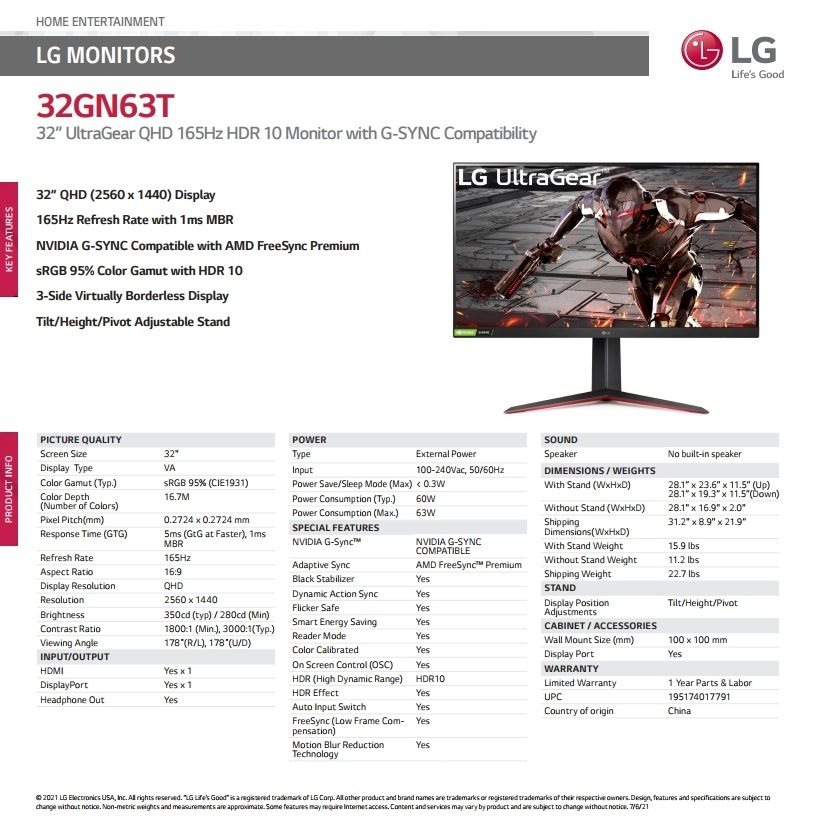 Monitor LG UltraGear 32 G-Sync / FreeSync 165 Hz QHD HDR IPS Gaming - FAST  DEPOT LAPTOP COMPUTER GAMING